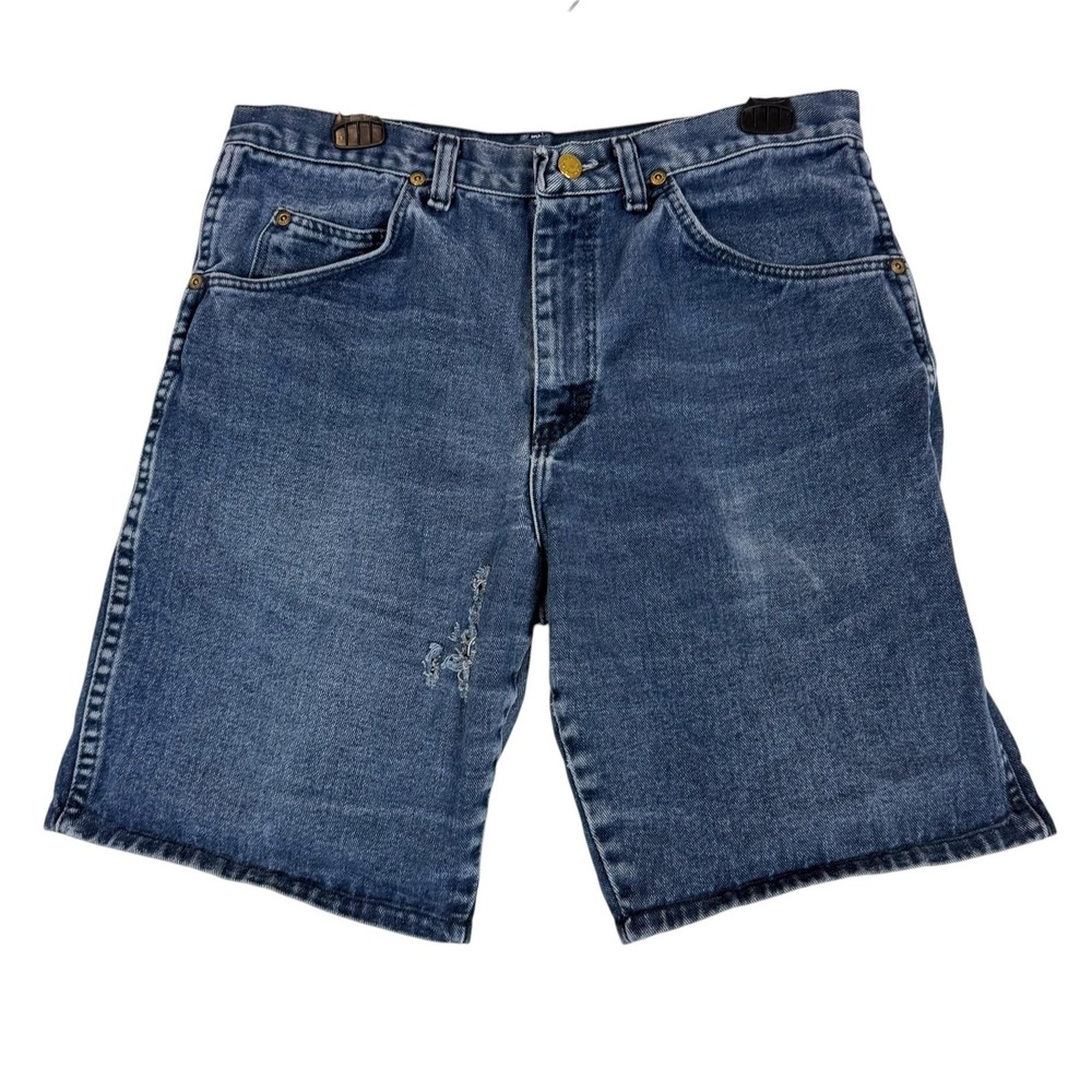 Wrangler Shorts Mens 33 Blue Medium Wash Denim Bermuda Distressed 9 Inseam